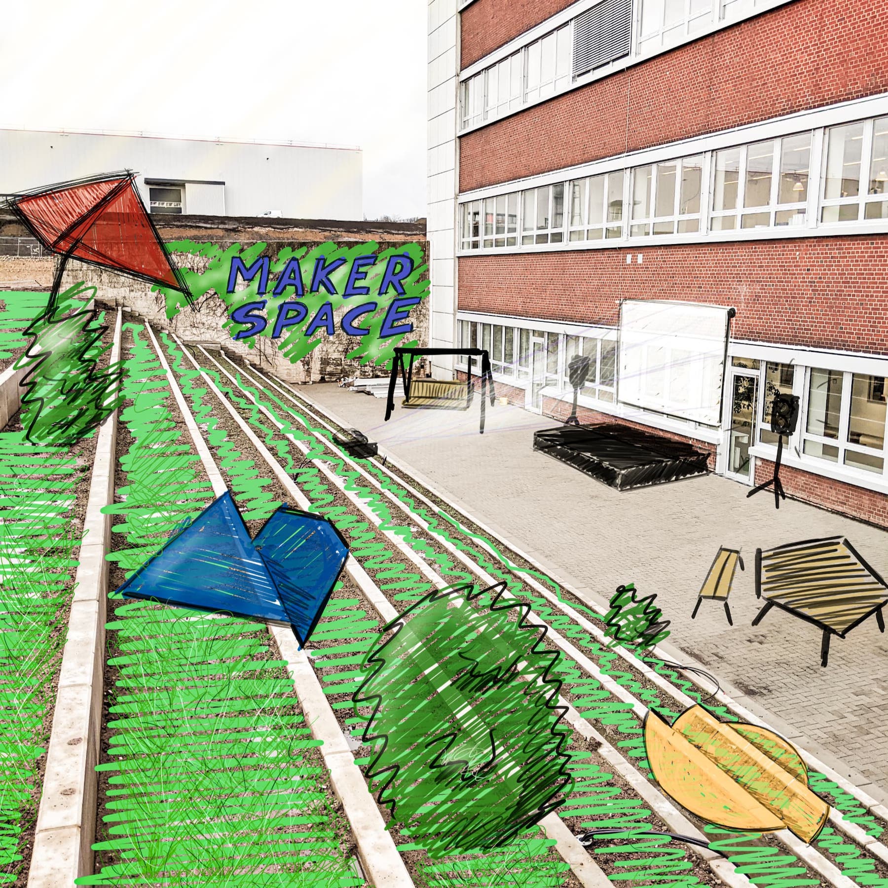 Außenbereich skizziert mit Begrünung, Sonnenschirmen, Leinwand, Hollywoodschaukel und Sitzgelegenheiten